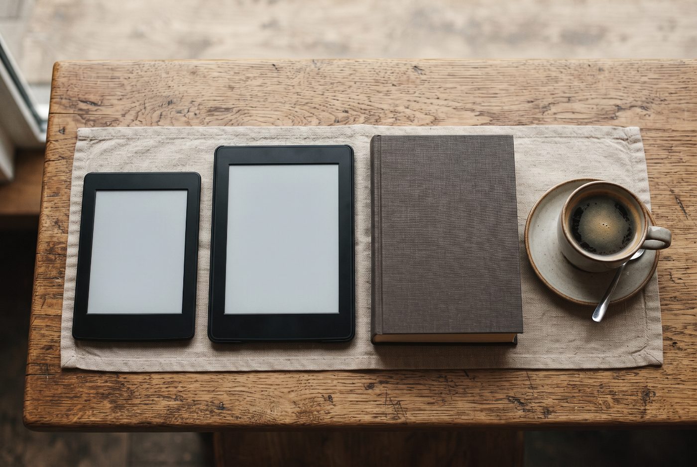 A small e-reader and a slightly larger e-reader side by side on a cafe table next to a hardback-sized book and a cup of coffee.