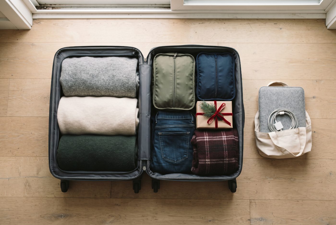Overhead view of an open carry-on suitcase packed with rolled sweaters, packing cubes, jeans, a scarf and a wrapped gift, next to a tote bag holding a laptop sleeve and charger.