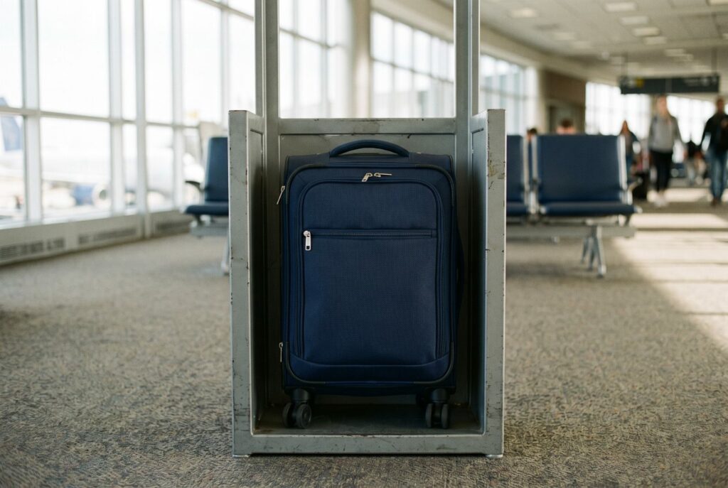 A compact navy softside carry-on spinner suitcase standing inside a metal airline bag sizer at an airport gate, wheels included inside the frame.