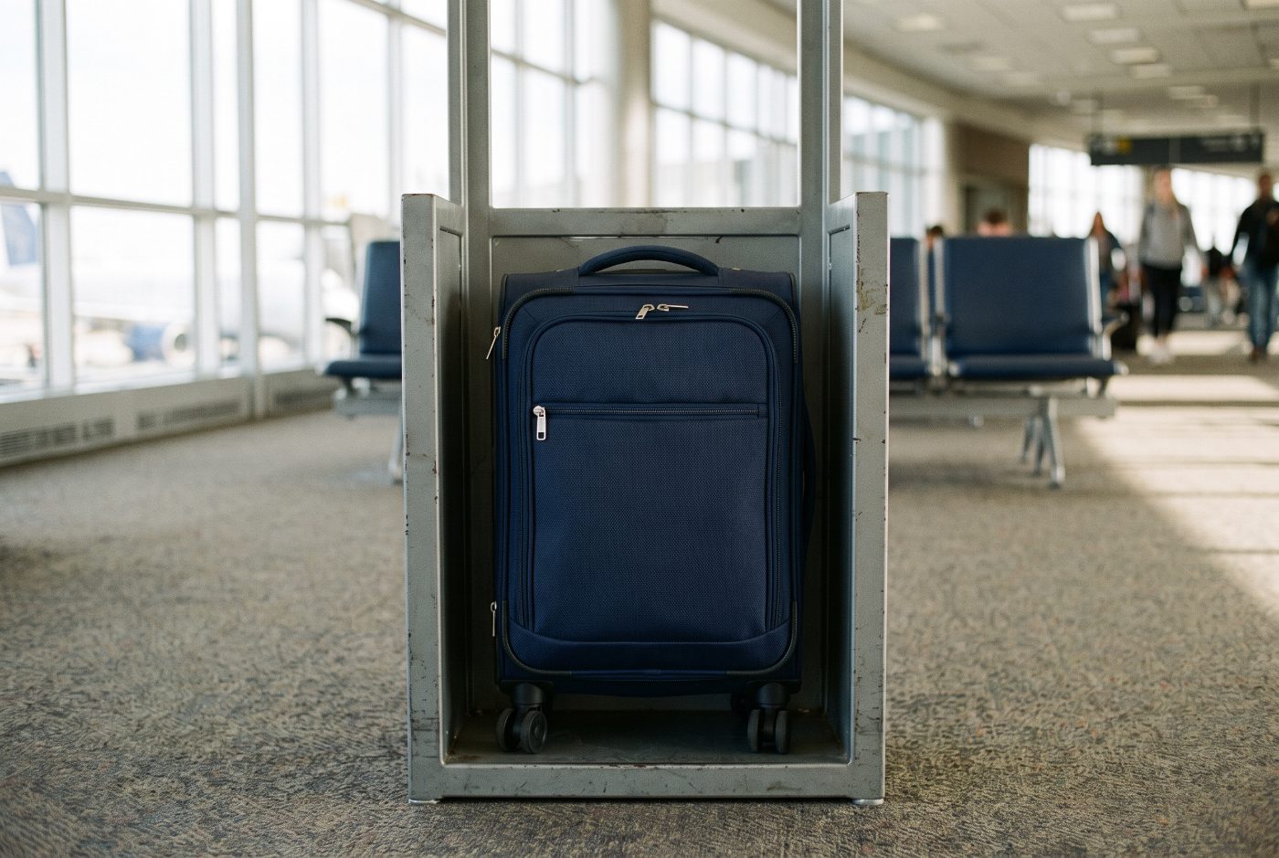 A compact navy softside carry-on spinner suitcase standing inside a metal airline bag sizer at an airport gate, wheels included inside the frame.