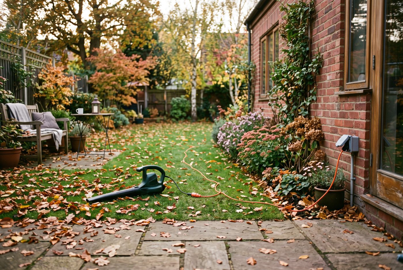 A corded electric leaf blower on a leaf-covered lawn, its orange extension cord running across the grass to a weatherproof outdoor outlet on the brick wall of the house.