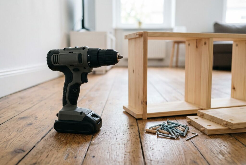 A gray and black cordless drill with its battery attached, standing on a wooden floor beside a half-assembled flat-pack bookshelf and a pile of screws.