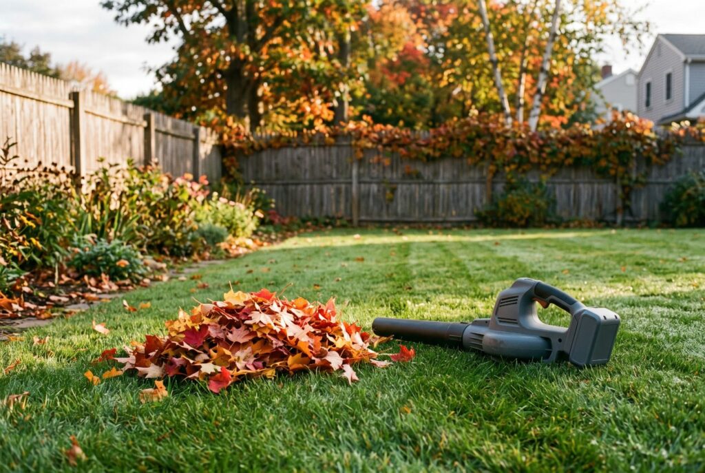 A compact cordless leaf blower with its battery clipped in, resting on a small backyard lawn beside a neat pile of red and orange maple leaves, with a wooden fence and flower beds behind.