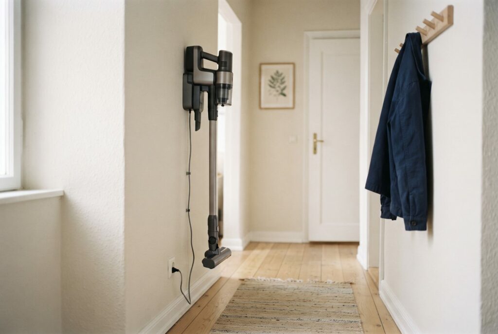 A cordless stick vacuum hanging on a wall-mounted charging dock in a small apartment hallway, its cable running down to an outlet.