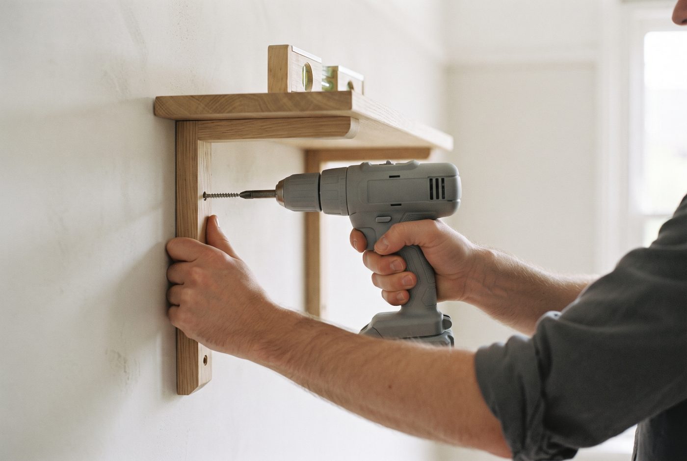 Hands holding a wooden shelf bracket against a painted wall while driving a screw into it with a cordless drill, a spirit level on the shelf above.