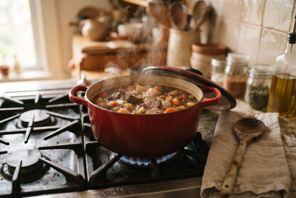 A red enameled cast iron Dutch oven simmering beef and vegetable stew on a gas stovetop, lid tilted to one side, wooden spoon on a linen towel.