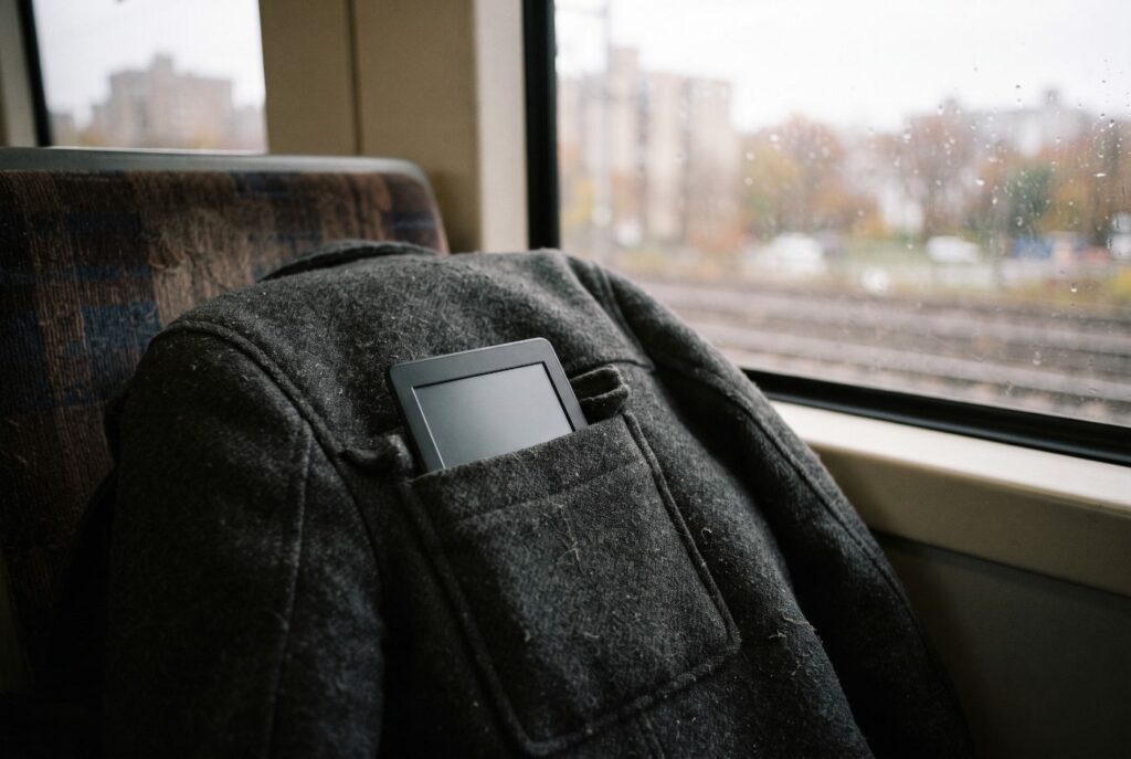 A small e-reader tucked into the pocket of a wool coat lying on a commuter train seat by a rainy window.