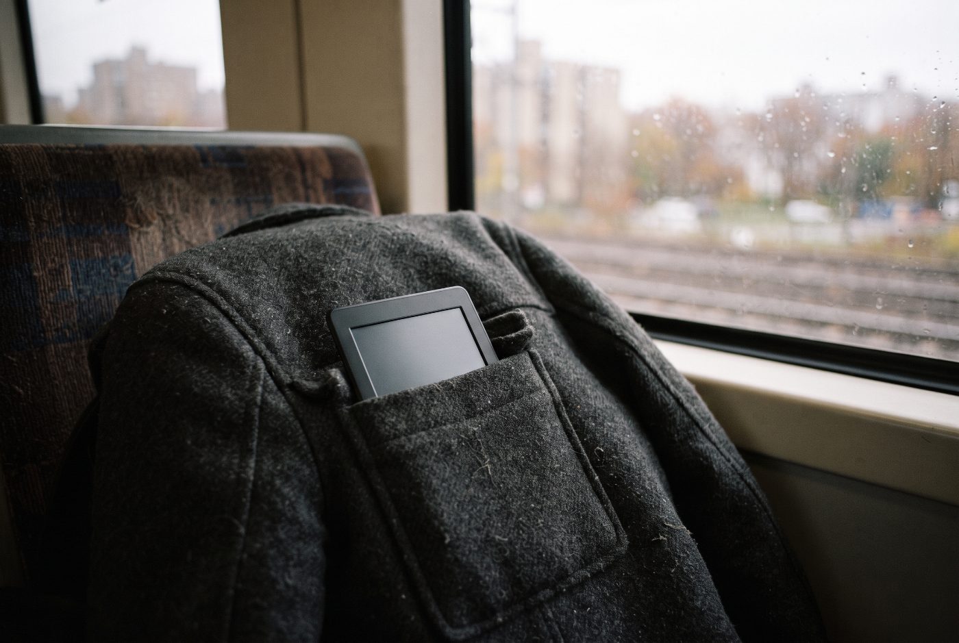A small e-reader tucked into the pocket of a wool coat lying on a commuter train seat by a rainy window.