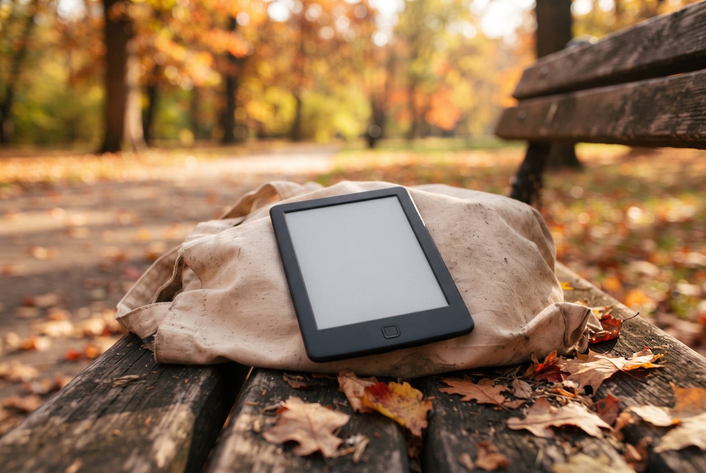 A small e-reader resting on a canvas tote on a park bench in bright autumn sunshine, its screen clear of glare.