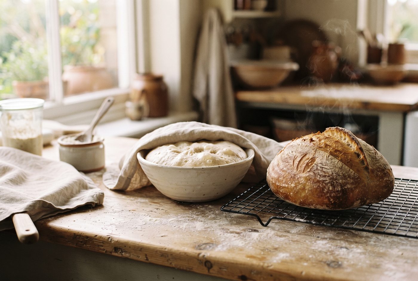 A crusty homemade loaf cooling on a wire rack next to a bowl of risen dough under a linen cloth.