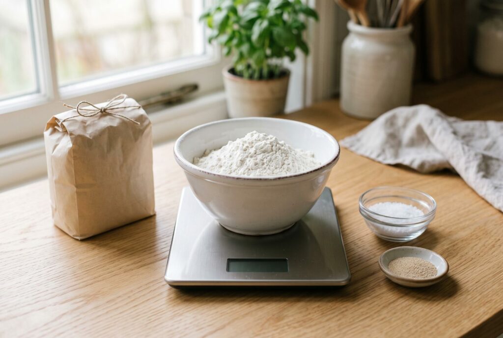 A flat stainless steel kitchen scale holding a white bowl of flour on a wooden counter, beside a bag of flour, a dish of salt and a small dish of yeast.
