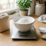 A flat stainless steel kitchen scale holding a white bowl of flour on a wooden counter, beside a bag of flour, a dish of salt and a small dish of yeast.