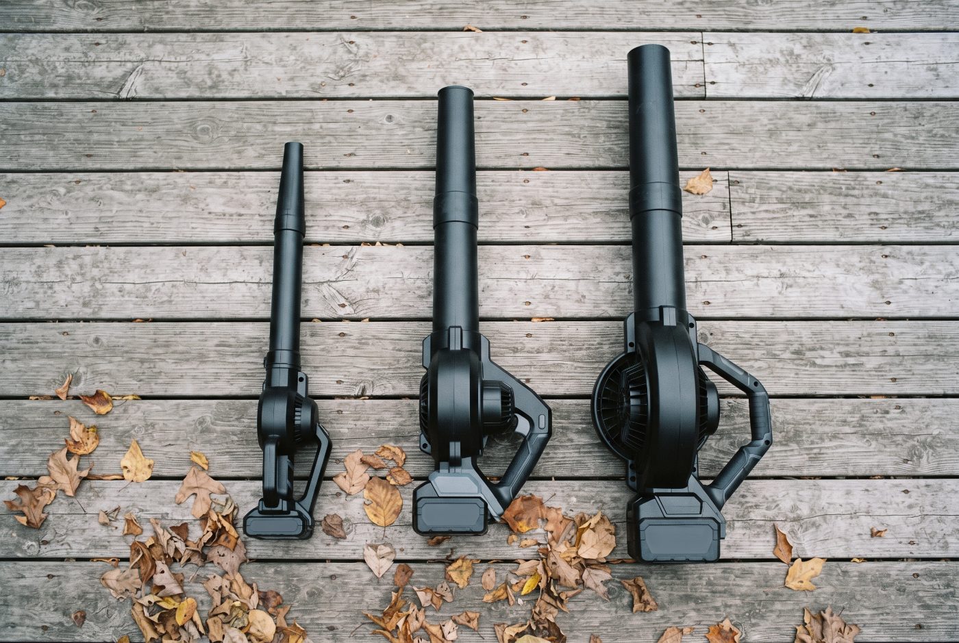 Overhead view of three cordless leaf blowers laid side by side on weathered deck boards, from a slim stick sweeper to a mid-size blower to a large heavy blower, each with its battery clipped in.