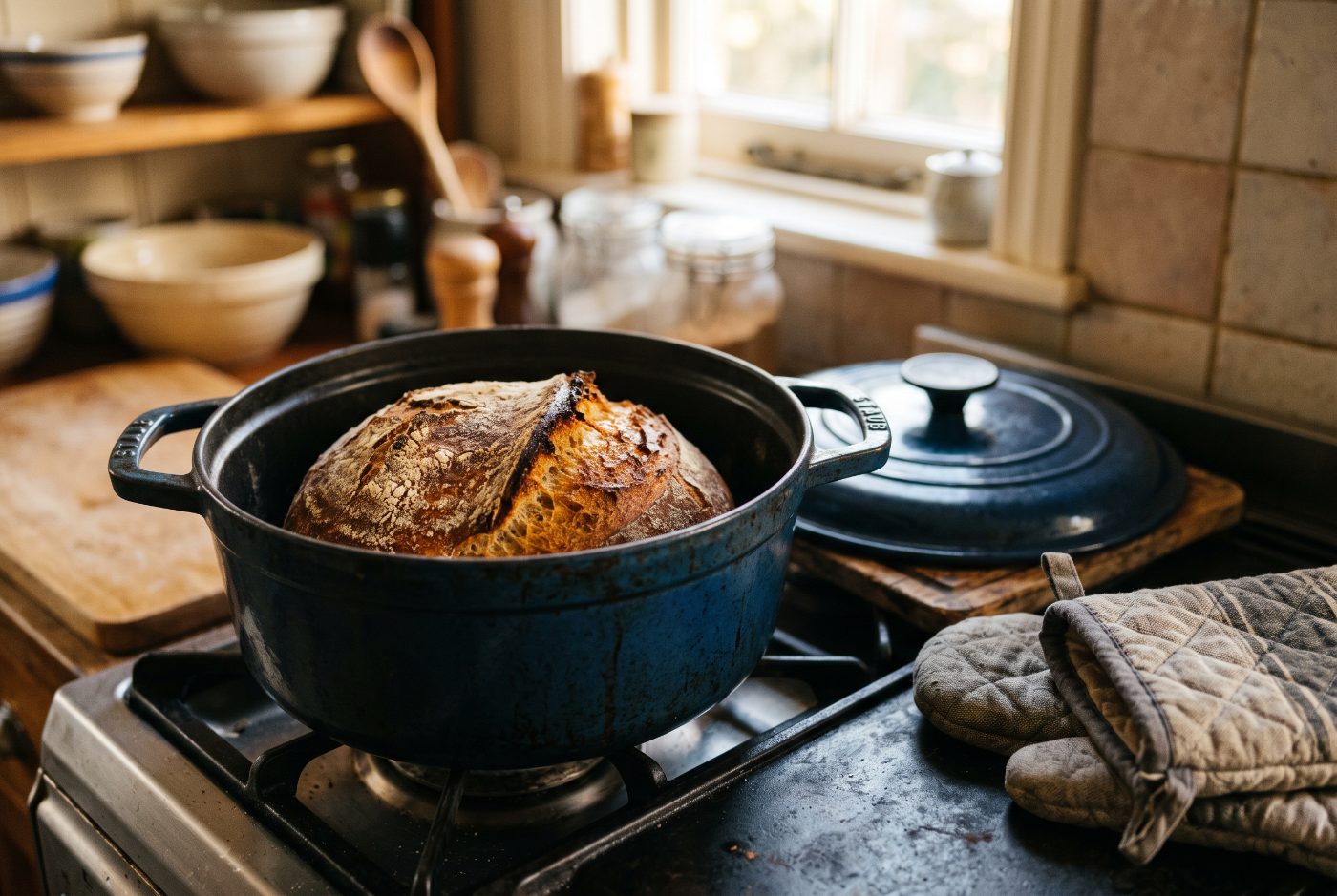 A crusty round loaf of no-knead bread sitting in an open dark enameled Dutch oven on the stove, lid beside it, oven mitts nearby.