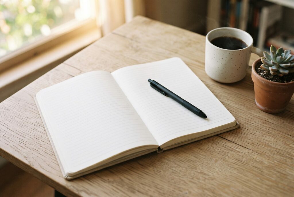 An open planner with blank ruled pages and a black pen on a wooden desk, beside a cup of coffee and a small succulent in morning light.