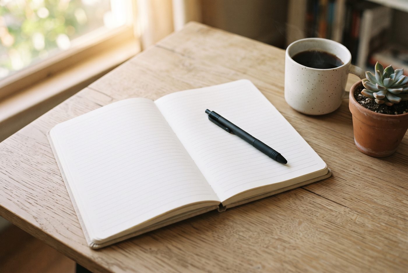 An open planner with blank ruled pages and a black pen on a wooden desk, beside a cup of coffee and a small succulent in morning light.