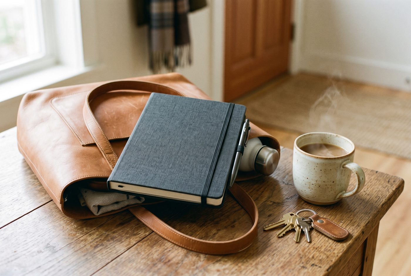 A closed dark planner with an elastic band and a pen clipped to it, resting on top of an open leather tote on a table by the front door, with keys and a mug of coffee.