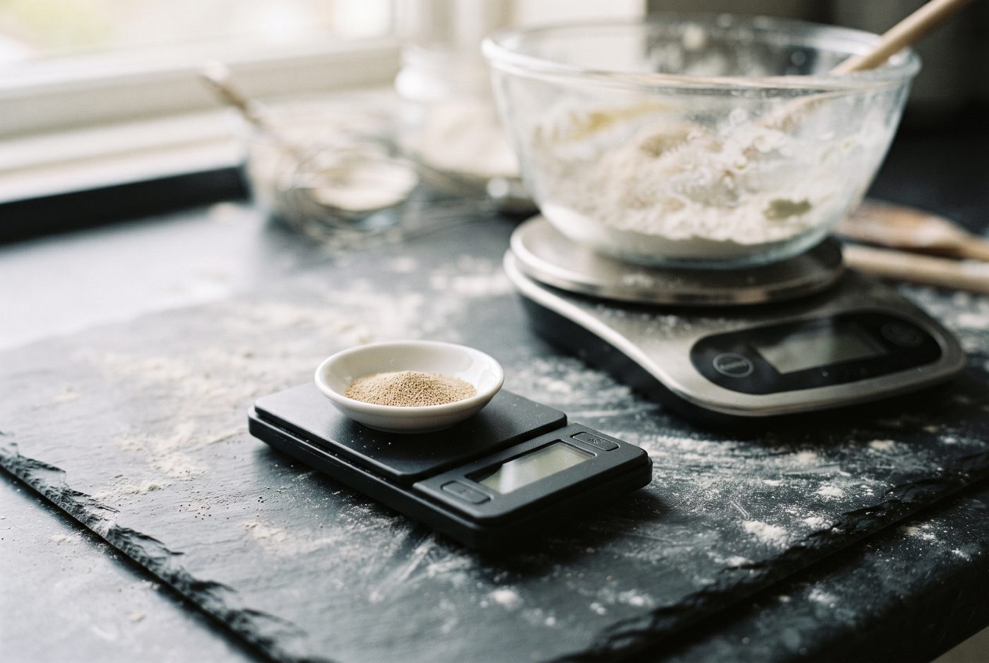 A small black pocket scale weighing a dish of dry yeast, with a larger kitchen scale and a bowl of flour behind it on a floured slate counter.