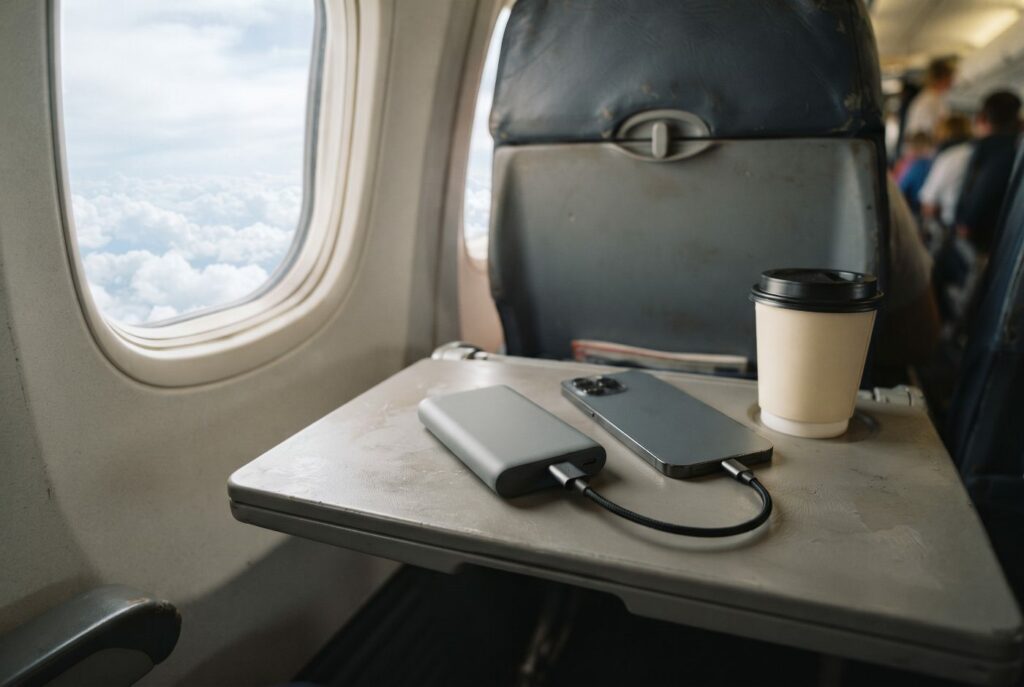 A compact gray power bank charging a smartphone by a short cable on an airplane tray table, next to a paper coffee cup and the window.