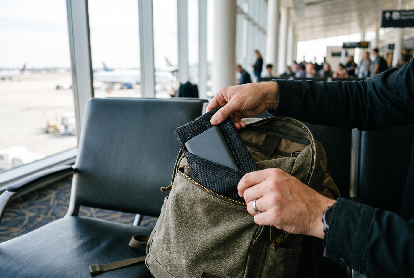 Hands placing a power bank in a mesh pouch into the front pocket of a carry-on backpack at an airport gate.