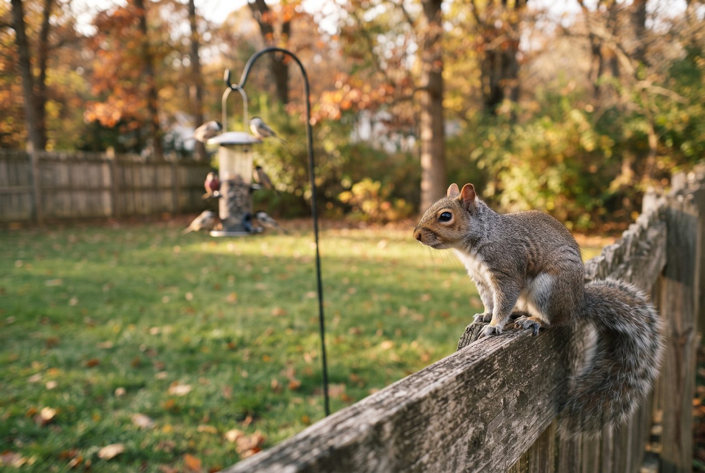A gray squirrel sitting on a wooden fence, looking across the lawn at a bird feeder hanging from a pole.