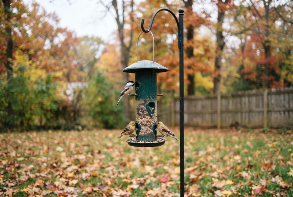 A green metal tube bird feeder hanging from a shepherd hook in an autumn backyard, with a chickadee and two goldfinches feeding.