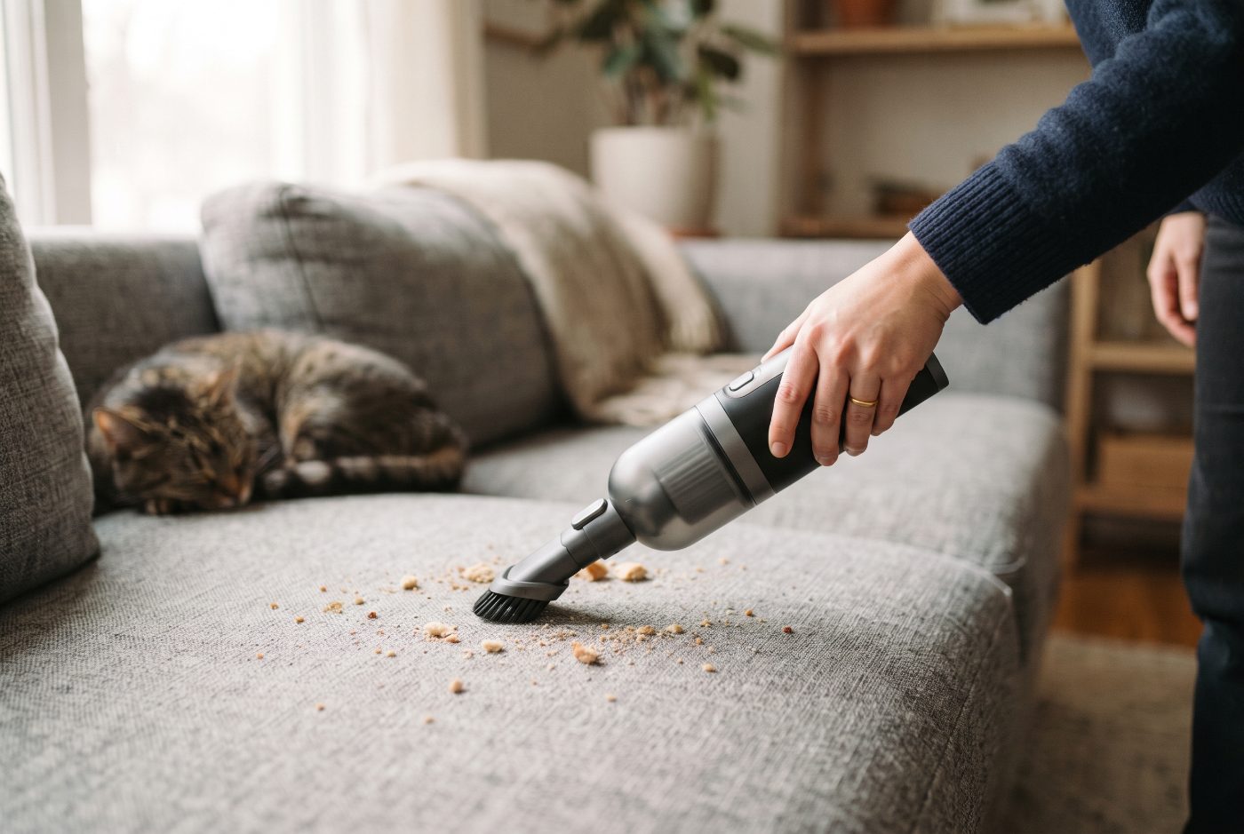 A hand using a cordless vacuum in handheld mode with a small brush to pick up crumbs from a gray sofa, with a cat asleep at the other end.