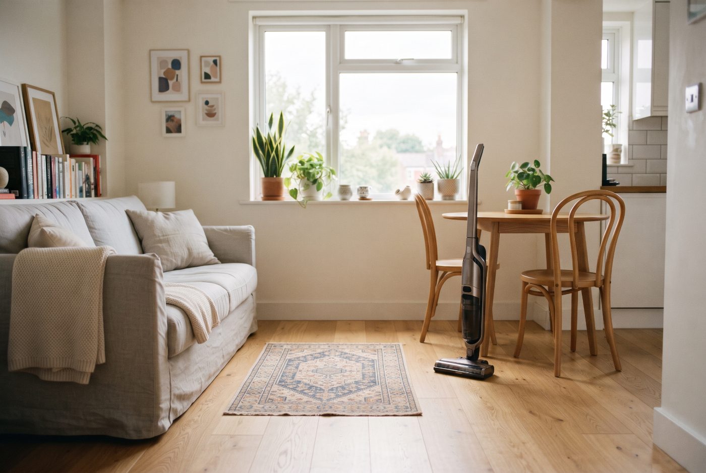 A cordless stick vacuum standing on its own beside a small dining table in a bright studio apartment with wood floors and a small rug.