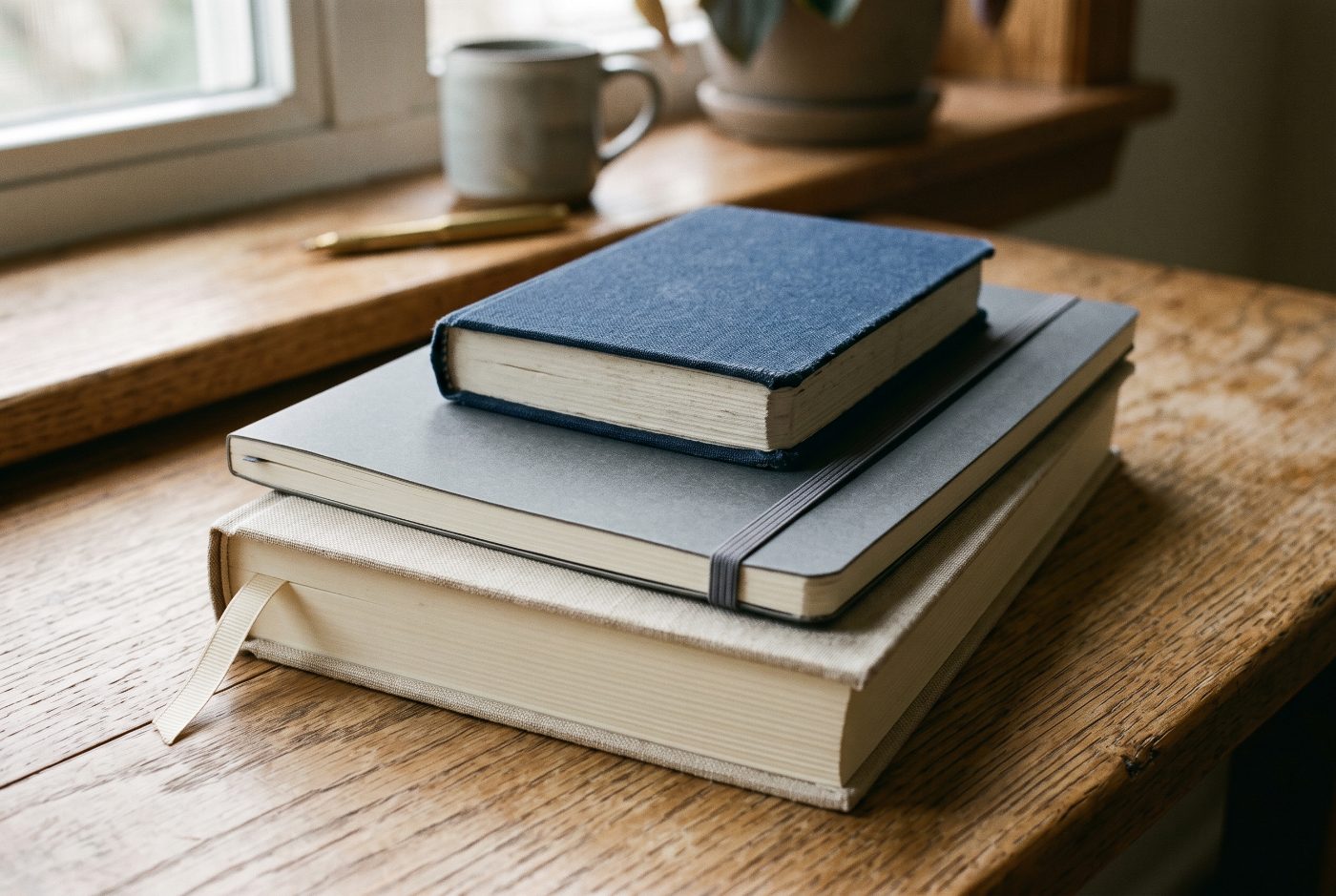 Three closed planners stacked on a wooden desk: a small thick fabric-covered one, a slim large softcover with an elastic band, and a chunky hardcover with a ribbon.