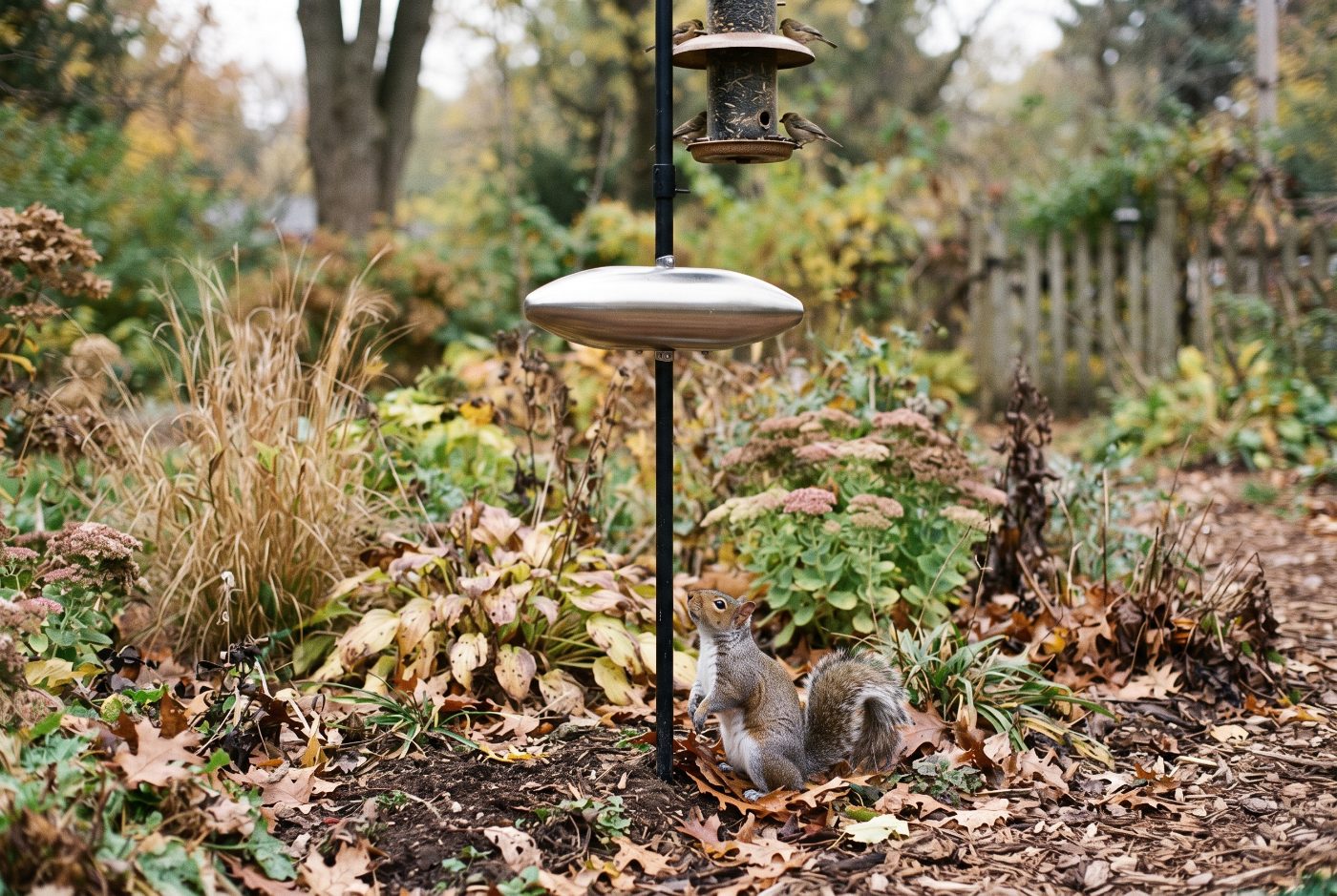 A torpedo-shaped steel baffle mounted on a feeder pole below a bird feeder, with a squirrel sitting on the ground at the base of the pole.