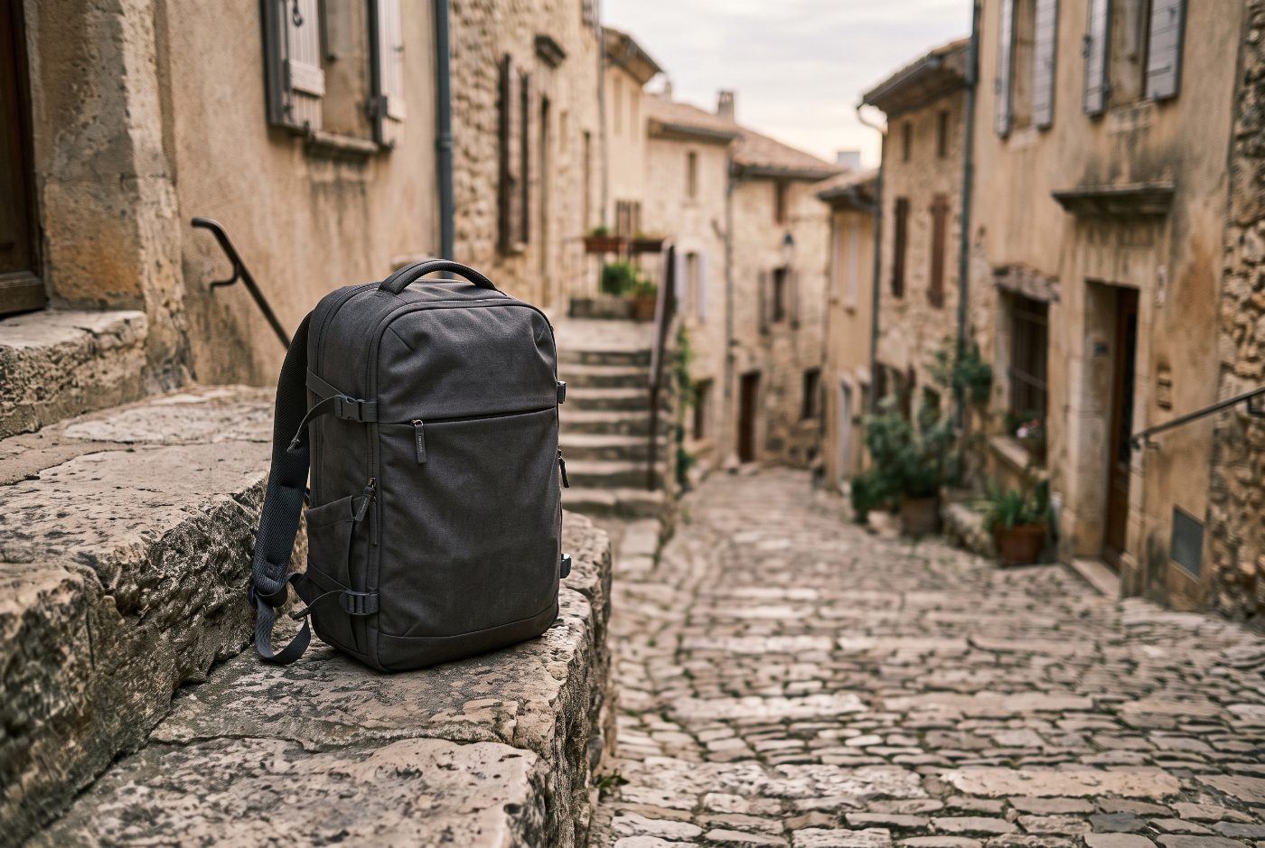 A dark gray 40-liter travel backpack resting on a stone step above a steep cobblestone street and stairs in an old town.